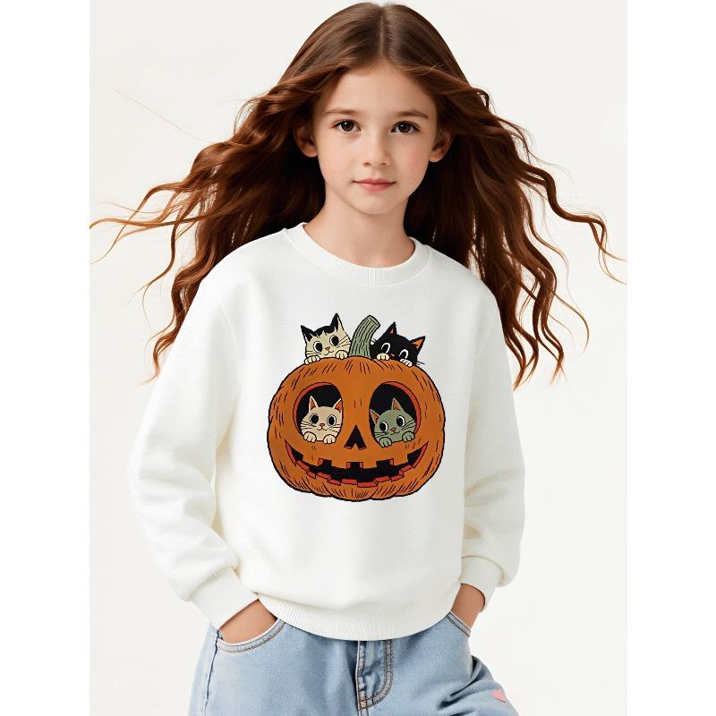 Girls' Halloween Long-sleeve Sweatshirt, Round-neck Fun Print Casual Top, Kids' Autumn Clothing, Suitable for Trick-or-treat Parties and Halloween