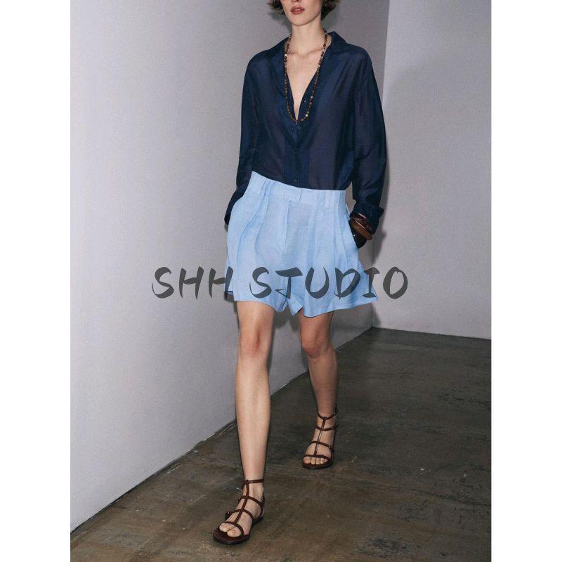 Fall Women's Clothing French Simplicity Style Asymmetric Hem Lapel Silk Blended Long Sleeves Shirt 3819008