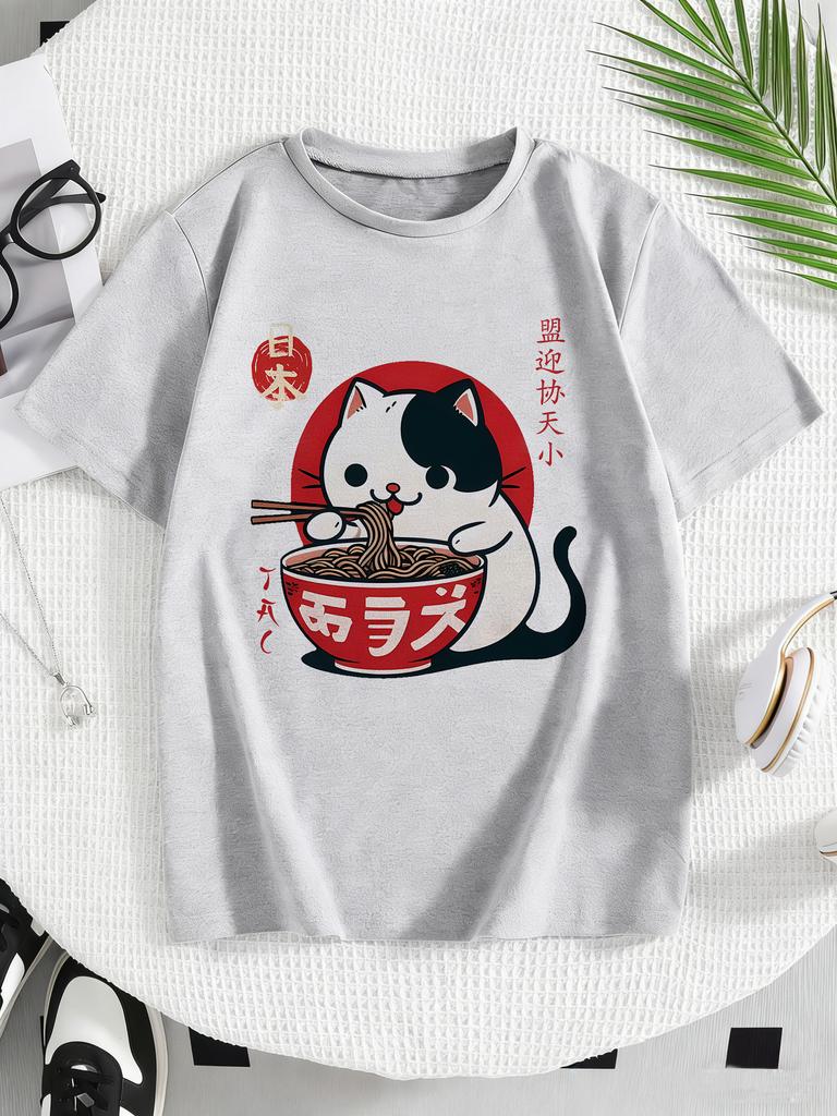 Japanese Style Cat Eat Ramen Design T Shirts Manga Kids Children's T-shirt Boys Girls Summer Spring Casual Top Tee