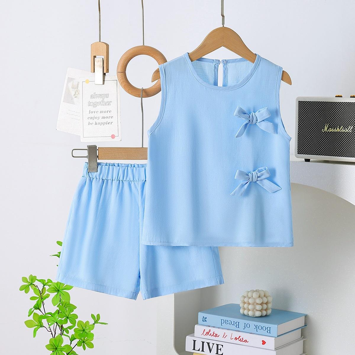 

Girls Fashion Sleeveless Tank Top Set Summer Children s Light Blue Bow-Embellished Patchwork Shorts Two-Piece Set 9-10Y~140cm