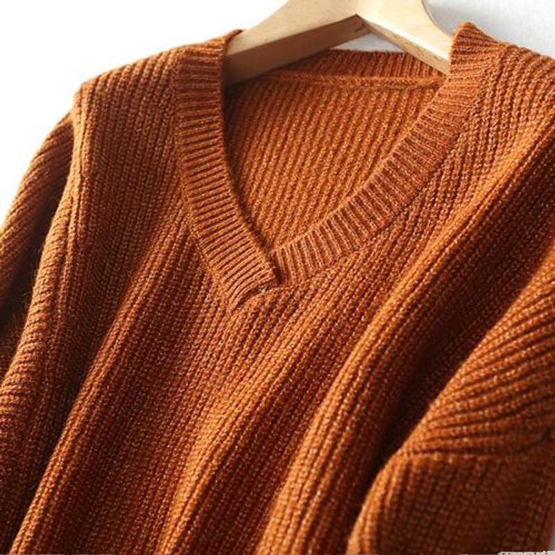 Foreign Trade Export Loose Slimming V-neck Idle Style Sweater Mid-Length Irregular Thick Needle Bright Silk Knit Women