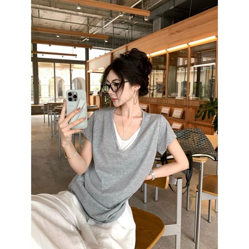 Stack Two Fake Contrasting Color Short-sleeved T-shirts for Women New Slimming and Flesh-covering Casual Lazy Half-sleeved Tops