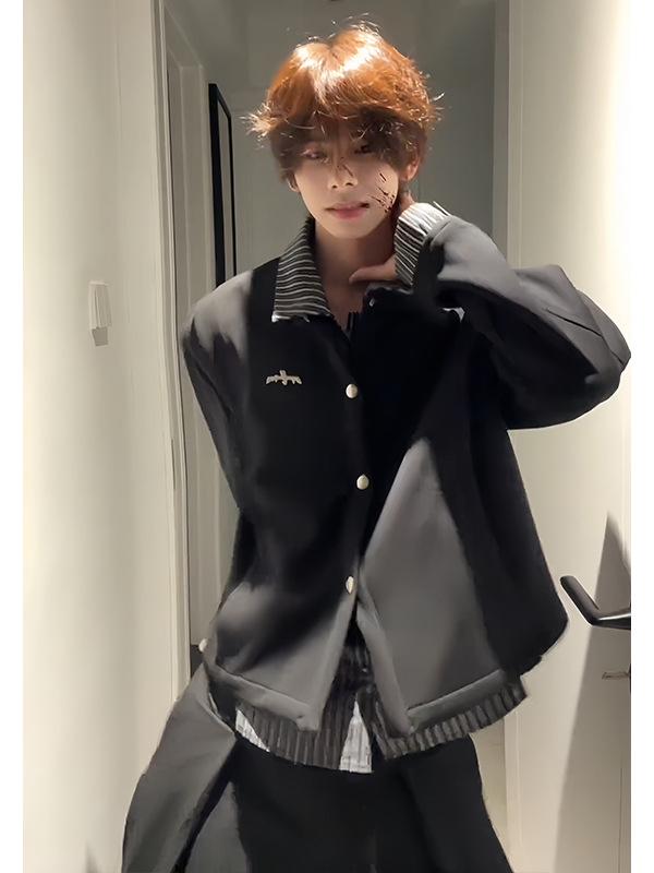 Men's Black Faux Two-Piece Hoodie Cardigan - Street Style, High-End Feel, Striped Patchwork Shirt, American Cleanfit Jacket
