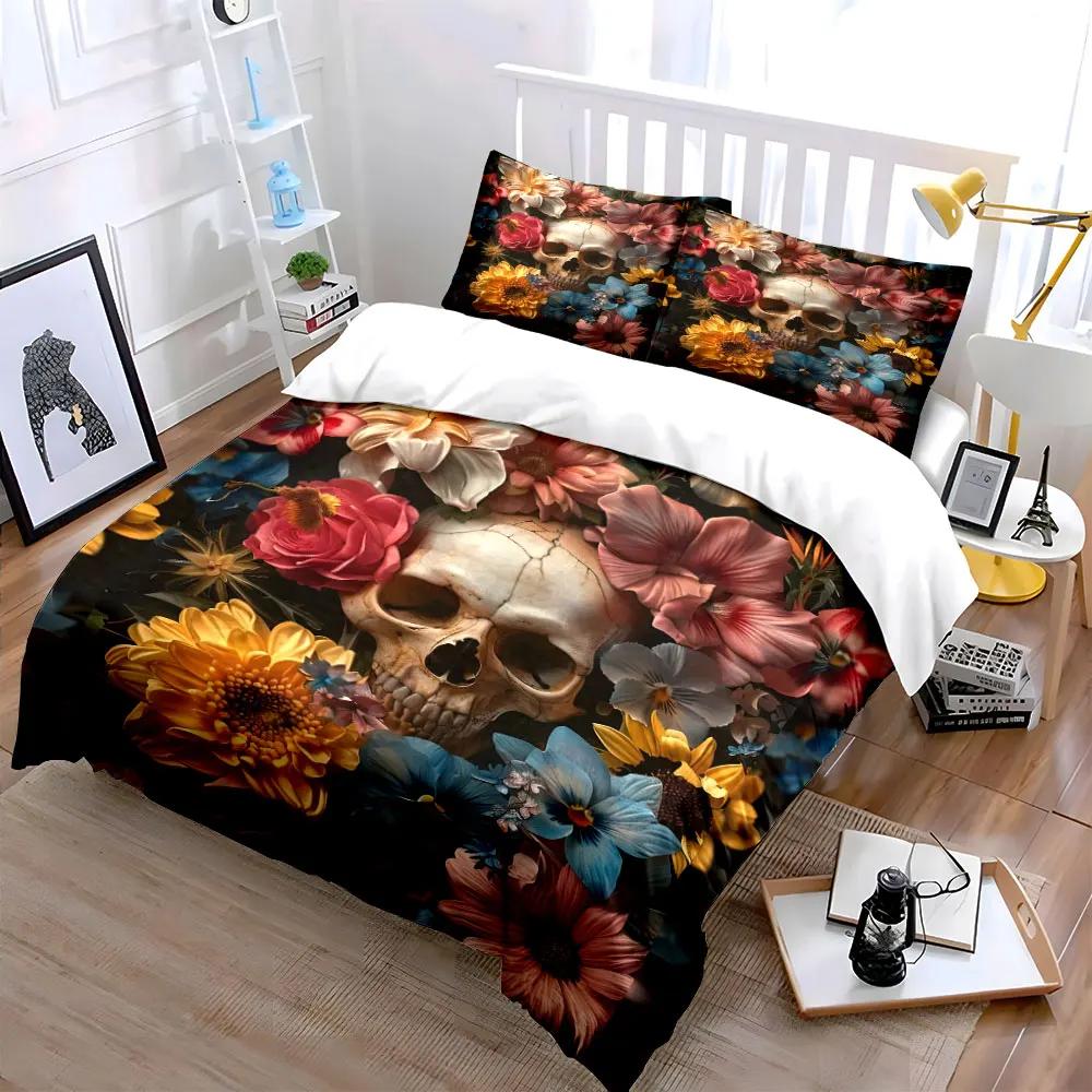 Floral Skull Art Set Decor Soft Comfortable Duvet Cover Bedding Set Included 1*Duvet Cover & 2*Pillowcases, gift