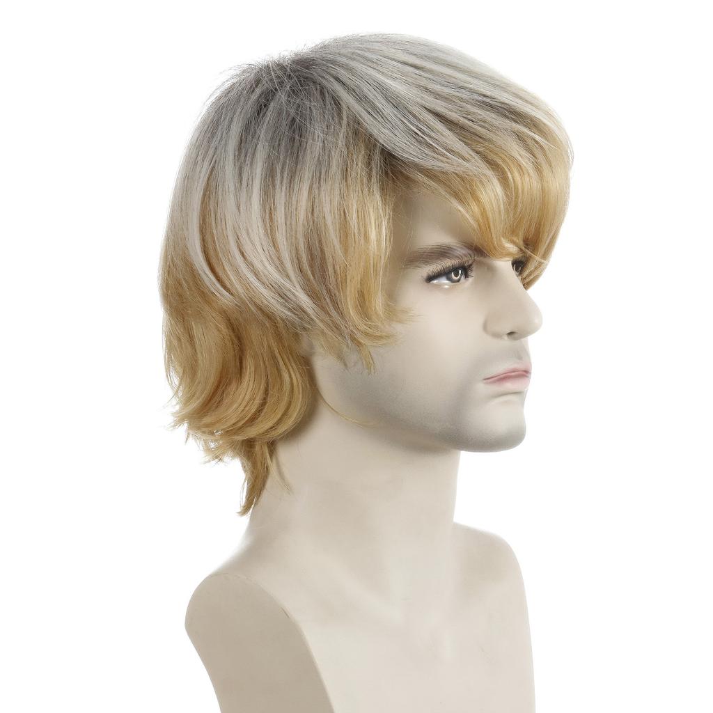 European and American Style Men's Fashion Front Lace Heat Resistant Daily Use Natural Looking Synthetic Fiber Light Golden Short Straight Wig