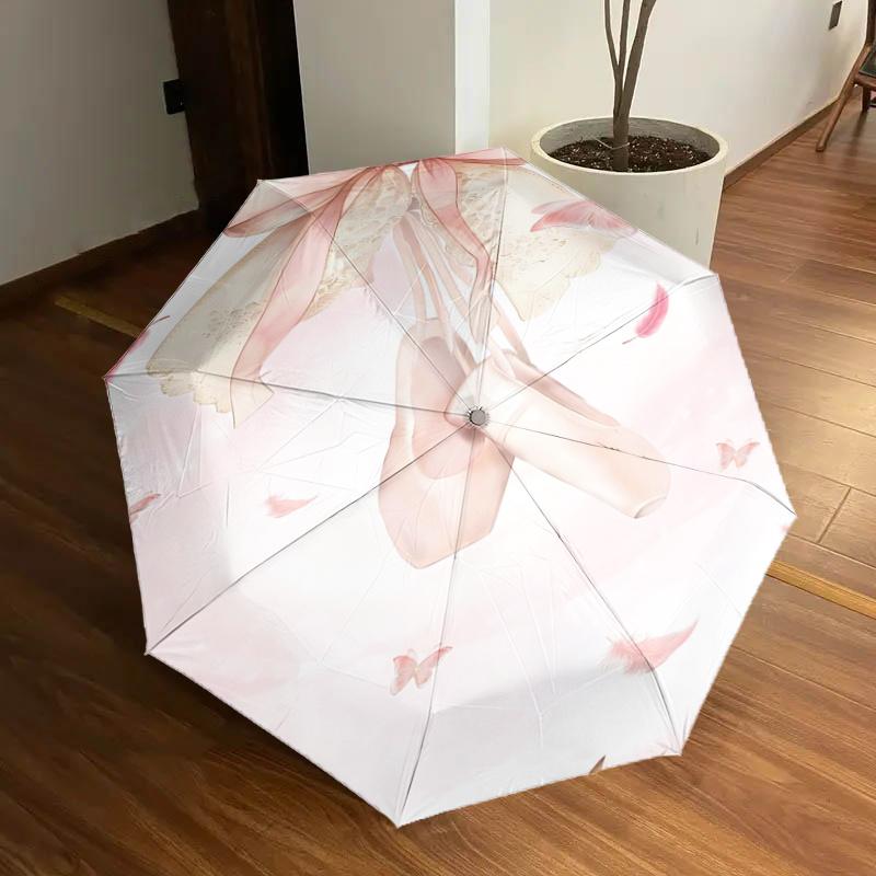 

Ballerina Dreams: Pink Ballet Shoes with Ribbons & Feathers - Automatic Opening/Closing Umbrella, Foldable Design, Outdoor Use, Gift for Fan