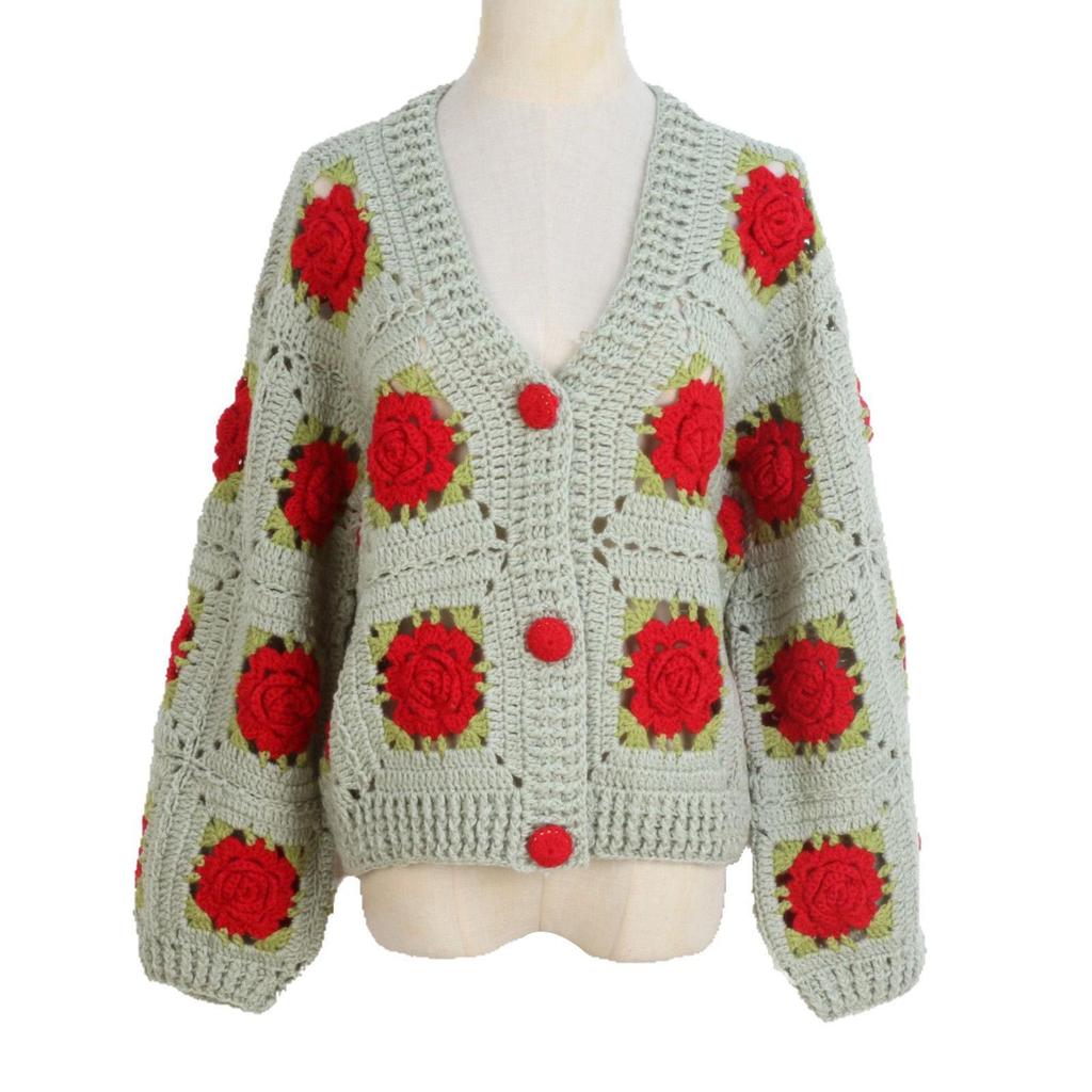 Hand-Crocheted 3D Rose V-Neck Cardigan - Solid Color, Long Sleeve, Openwork Design, Ideal for Spring & Autumn.