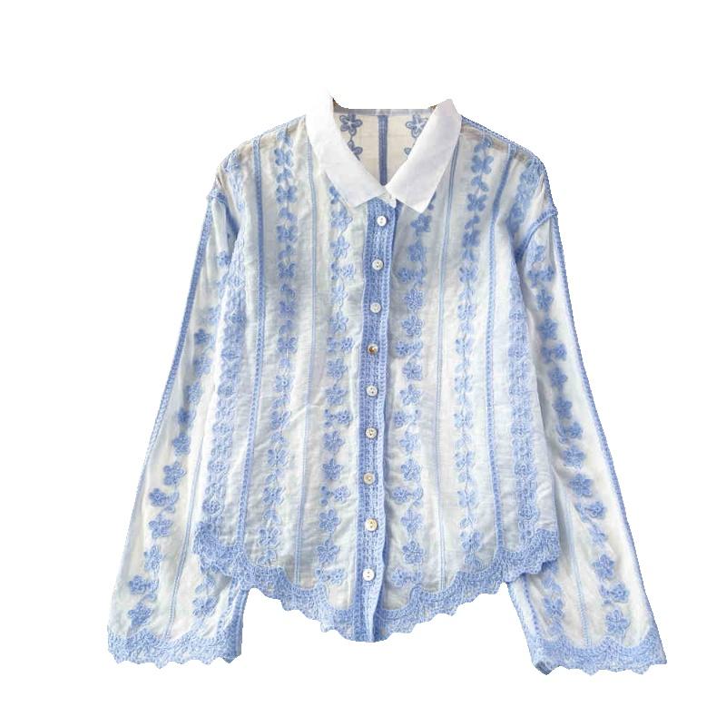 Fashion Elegant Long Sleeved Embroidered Lace Shirt New Lapel Loose and Thin Single-breasted Casual Blouse Female Simple Women's Irregular Top 3504