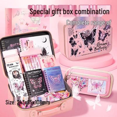 Pink Butterfly Stationery Gift Box for Girls, Back To School Supplies, Big Gift Pack for Tenth Birthday Party Favors