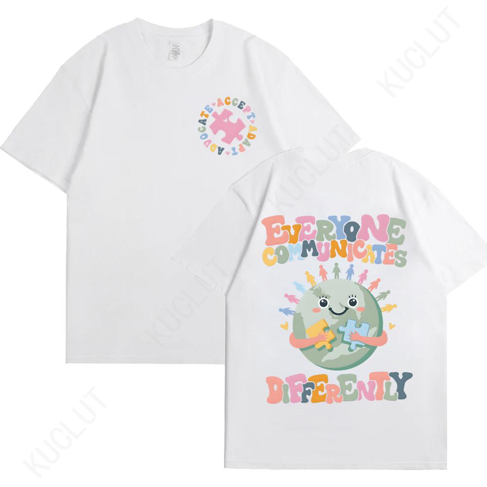 Everyone Communicates Differently Shirt Autism T-shirts Teacher Gift Tops Autism Awareness Teacher Tshirts Autism Month Tee Tops