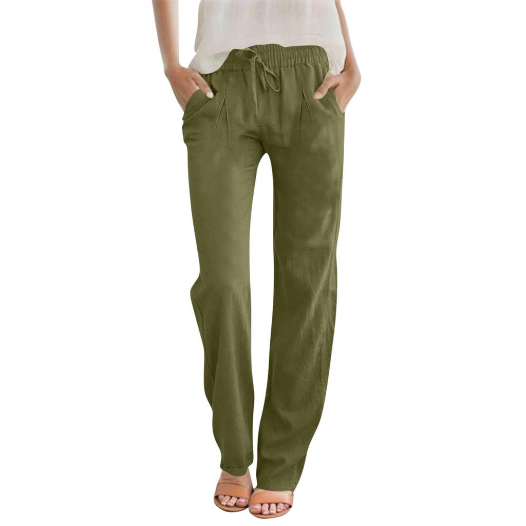 Women's Casual Pants Cotton Linen Straight Drawstring High Waist Loose Beach Pants With Pocket Trousers