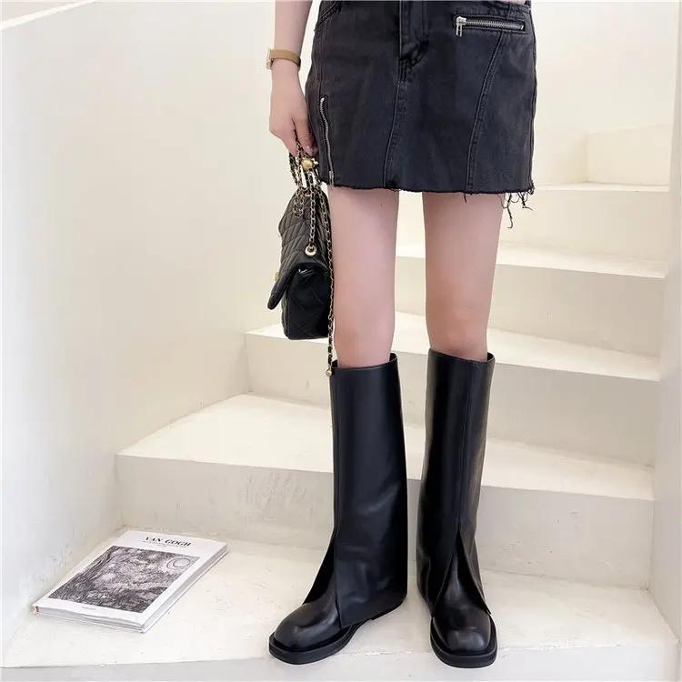 Fashion 2025 Fashion Brand Cool Knee High Great Quality Comfy Walking Vintage Black Slip On Women's Shoes Cover Trouser Boots for Women