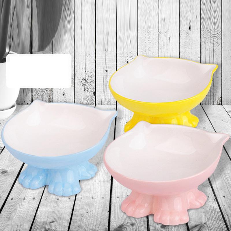 Cat Ceramic Pet Bowl Oblique Mouth Feeding High Foot Protection Cervical Spine Color Inclined Ceramic Cat Bowl Pet Supplies, 1Pc