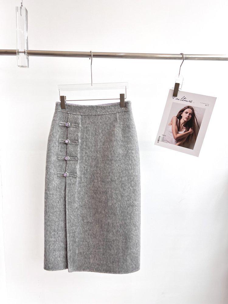 Winter 2025 Double-Faced Wool Skirt with Frog Button - Chinese Style Medium серый