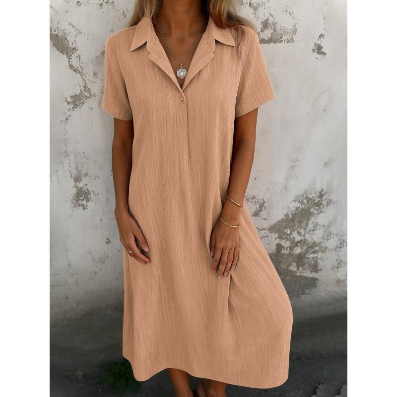 DAFIFY Women's Fashion Summer Spring Solid Color Print Short Sleeve POLO Neck Loose Waistline Casual Dresses