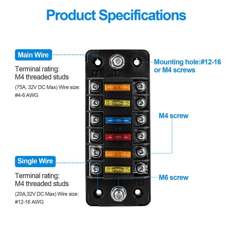 6-Way Car Fuse Holder With Negative Busbar 12V Blade Type Fuse Holder Atc/Ato Standard Fuse Box Label Sticker Waterproof Cover