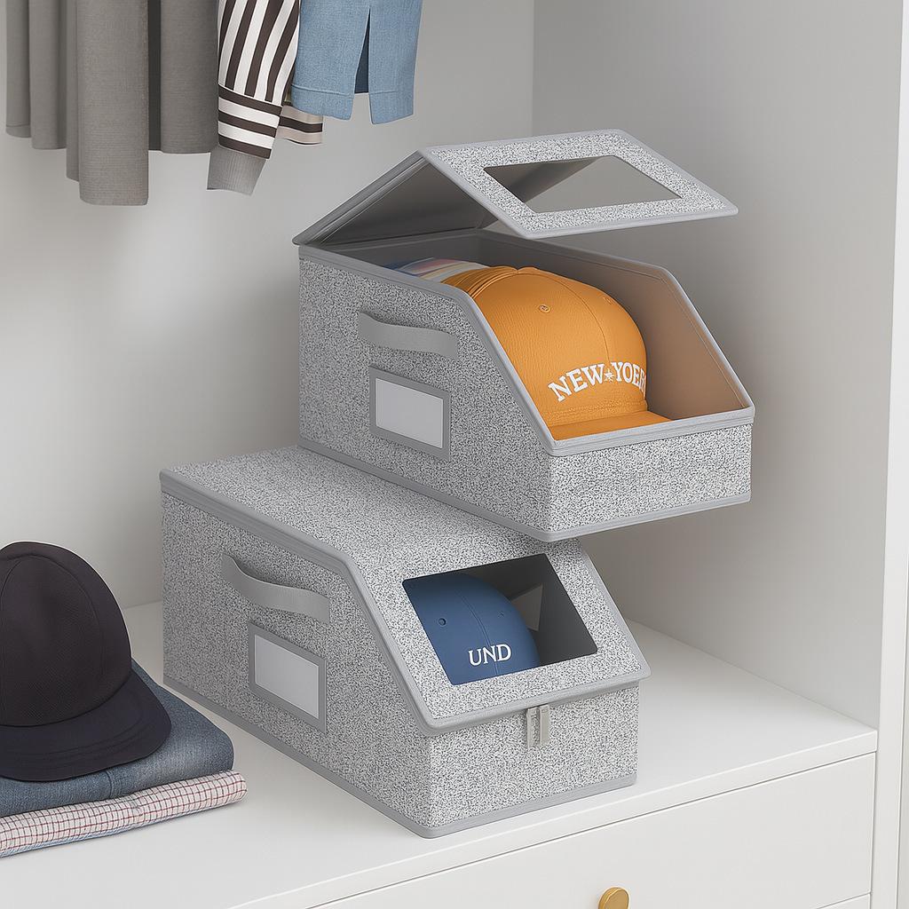 Foldable Dustproof Zipper Storage Box with Lid & Window for Baseball Caps - Large Capacity Drawer