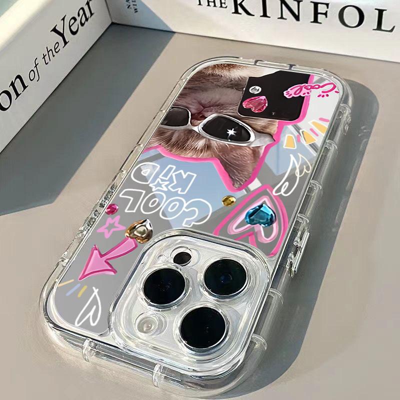 Cool Cat Pattern Phone Case For iPhone 11 12 13 14 15 16 17 Pro Max 16e 17e X XR XS Max 7 8 Plus Mirror Back Shockproof Cover