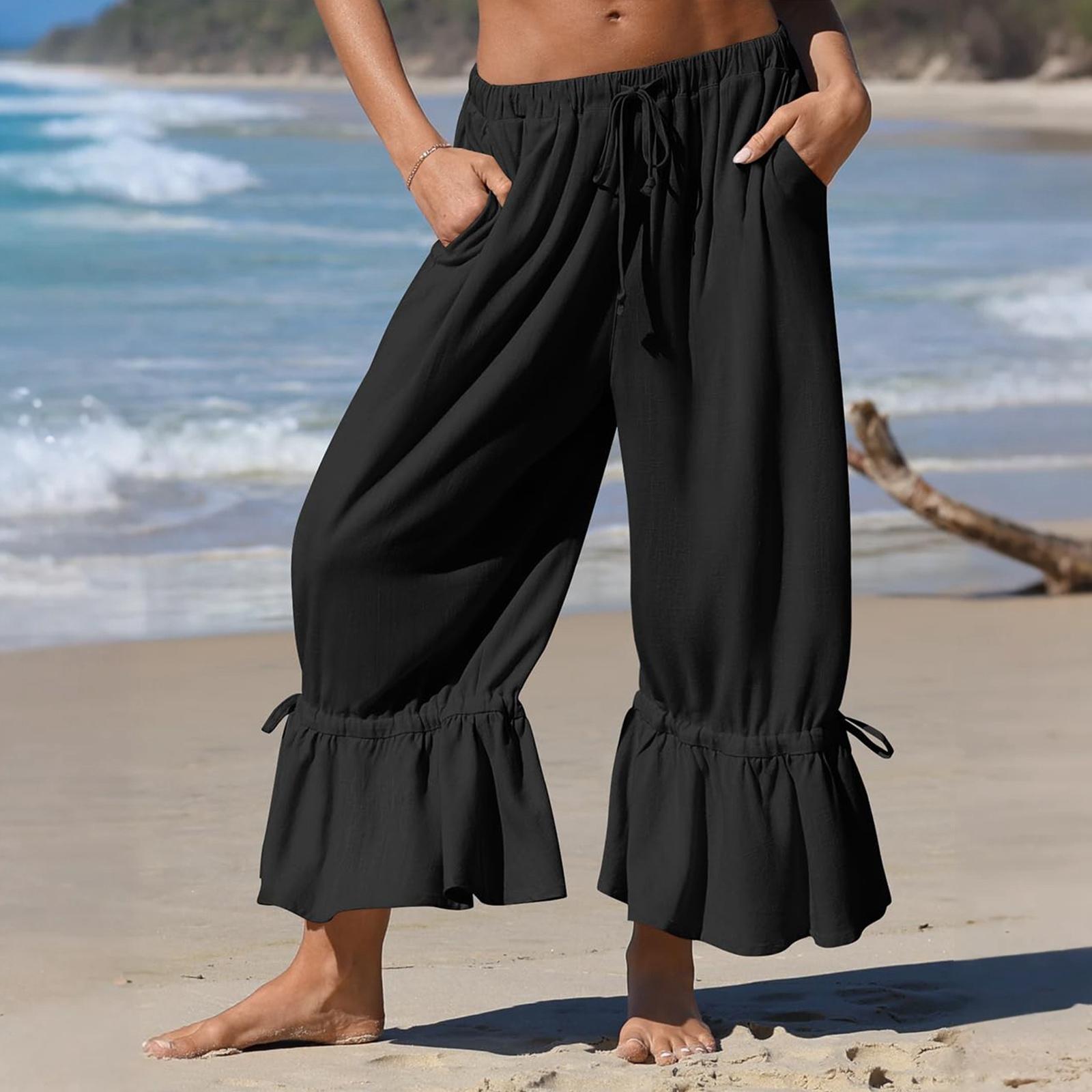 Women s Linen Wide Leg Pants Casual -Inch Pleated Tie & Drawstring Loose Fit Jeans L