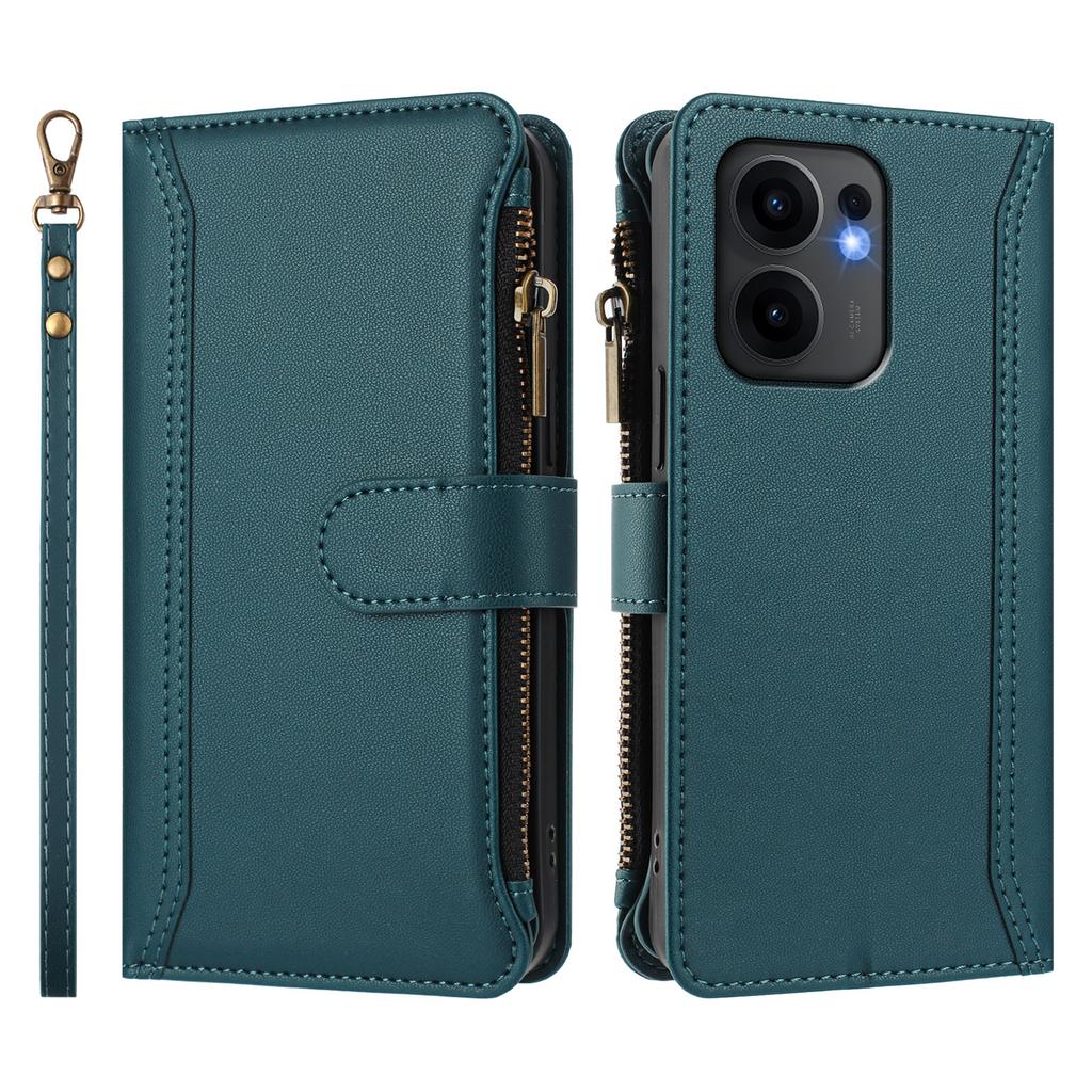 For Oppo Reno13 F 5G (Reno 13 FS 5G)/4G Leather Case 9 Card Slots Zipper Wallet Stand Phone Cover with Wrist Strap