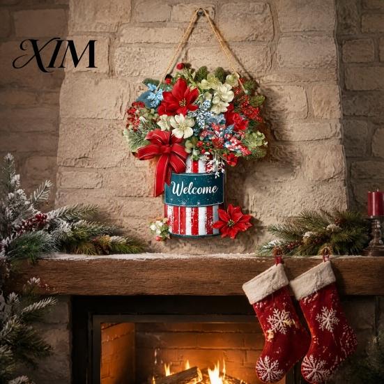 Farmhouse Style Festive Door Sign Christmas Welcome for Front Door, Rustic Wooden Hanging Ornament, Festival Theme Wall Decoration Decor with Lanyard