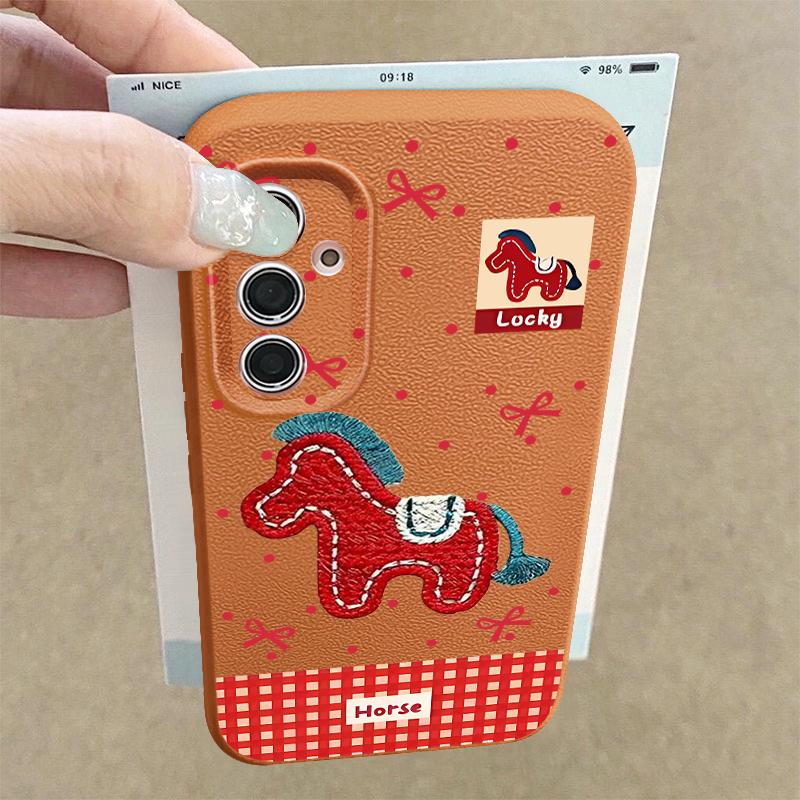 Vintage Lucky Golden Horse Case For Samsung S26 S25 S24 Ultra S23 S22 S21 FE A15 A16 A17 A35 A36 A37 A54 A55 A56 A57 5G Leather Texture Soft Cover