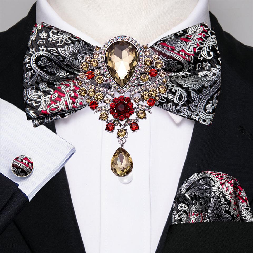 

Мужской галстук-бабочка Barry.Wang с брошью, комплект запонок Hanky ​​для свадьбы, вечеринки, свиданий, шелковый комплект с галстуком-бабочкой LH-0703