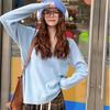 Ladies Autumn Winter Long Sleeve V Neck Loose Basic Solid Color Pullover Knitted T Shirt Top for Layering