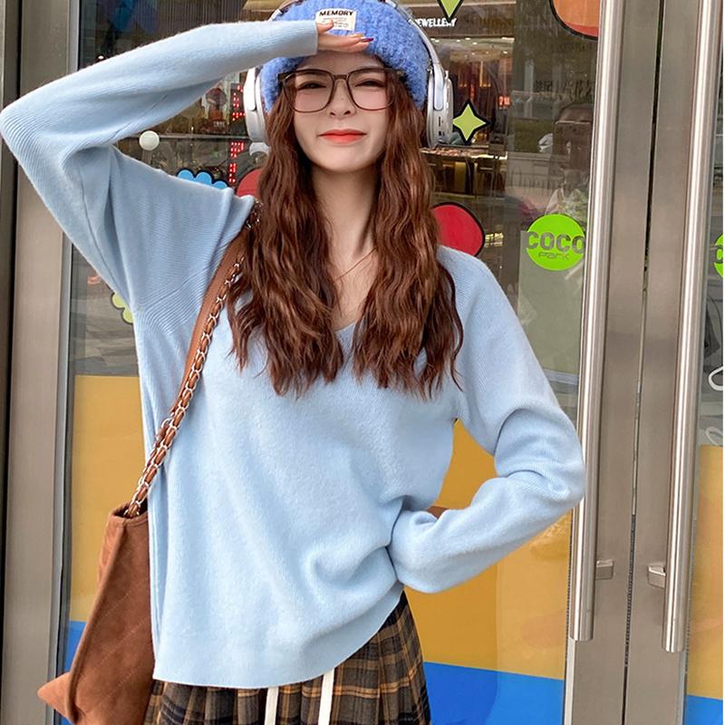 Ladies Autumn Winter Long Sleeve V Neck Loose Basic Solid Color Pullover Knitted T Shirt Top for Layering