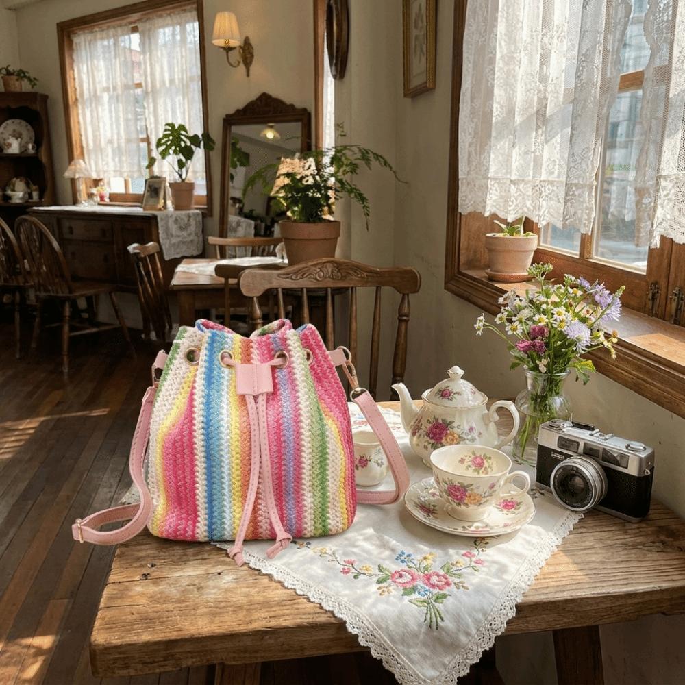 Rainbow Striped Beach Straw Bag Woven Shoulder Bag Colorful Crossbody Bag  Women