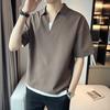 Men Shirt V Neck Lapel Color Fake Silk Two-piece Ice Solid Short Sleeves Loose Pullover Stretchy Casual Daily