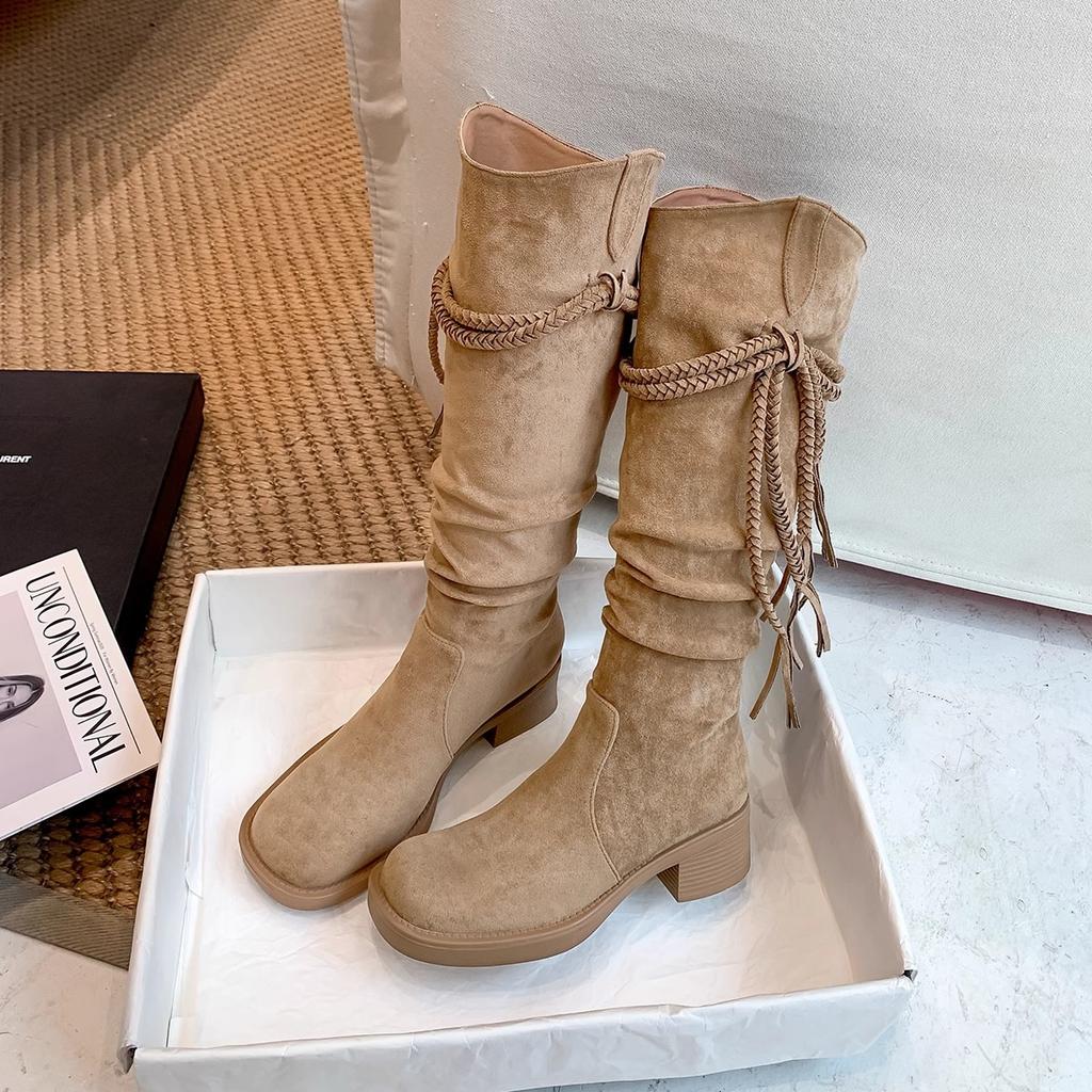 Retro wasteland fringed knight boots women's 2025 autumn new thick heel but knee boots slim pile boots