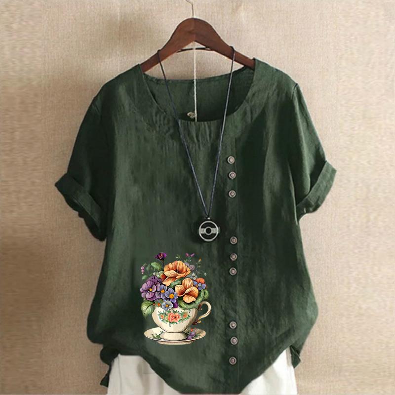 Women's Fashion Flower Prined Short Sleeve T-shirt Loose Cotton Shirt Casual Loose Summer Blouse Tops Plus Size