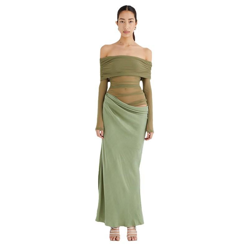2025 Spring/Summer Women's One-Shoulder Mesh Patchwork Bodycon Dress
