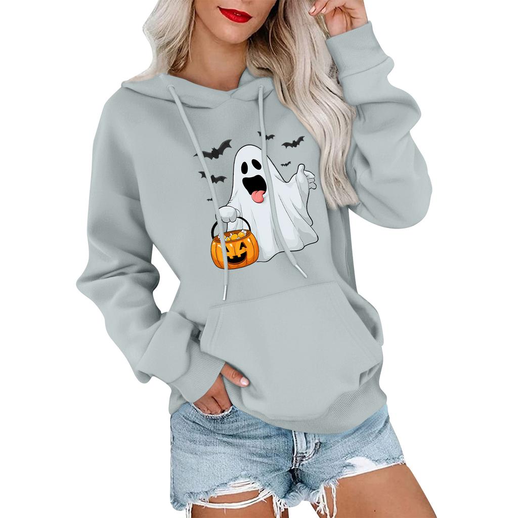 Dámský módní, ležérní, pohodlný svetr s kulatým výstřihem, s kapucí, s dlouhým rukávem, s halloweenským potiskem, hřejivý