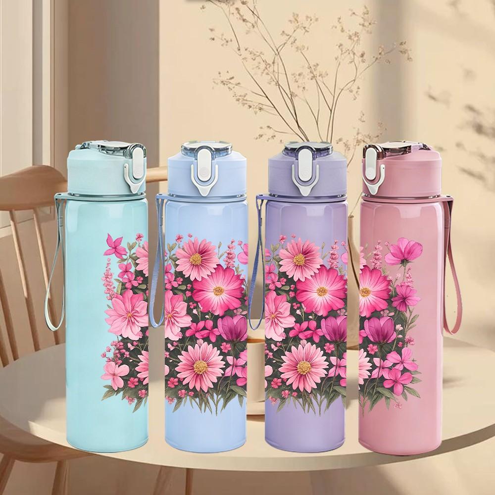 1PC Pink Rose Cluster Flower Bouquet Print 750ml Color Plastic Sports Water Bottle Leakproof Flip Straw Lid Suitable for Sports Office Home Use