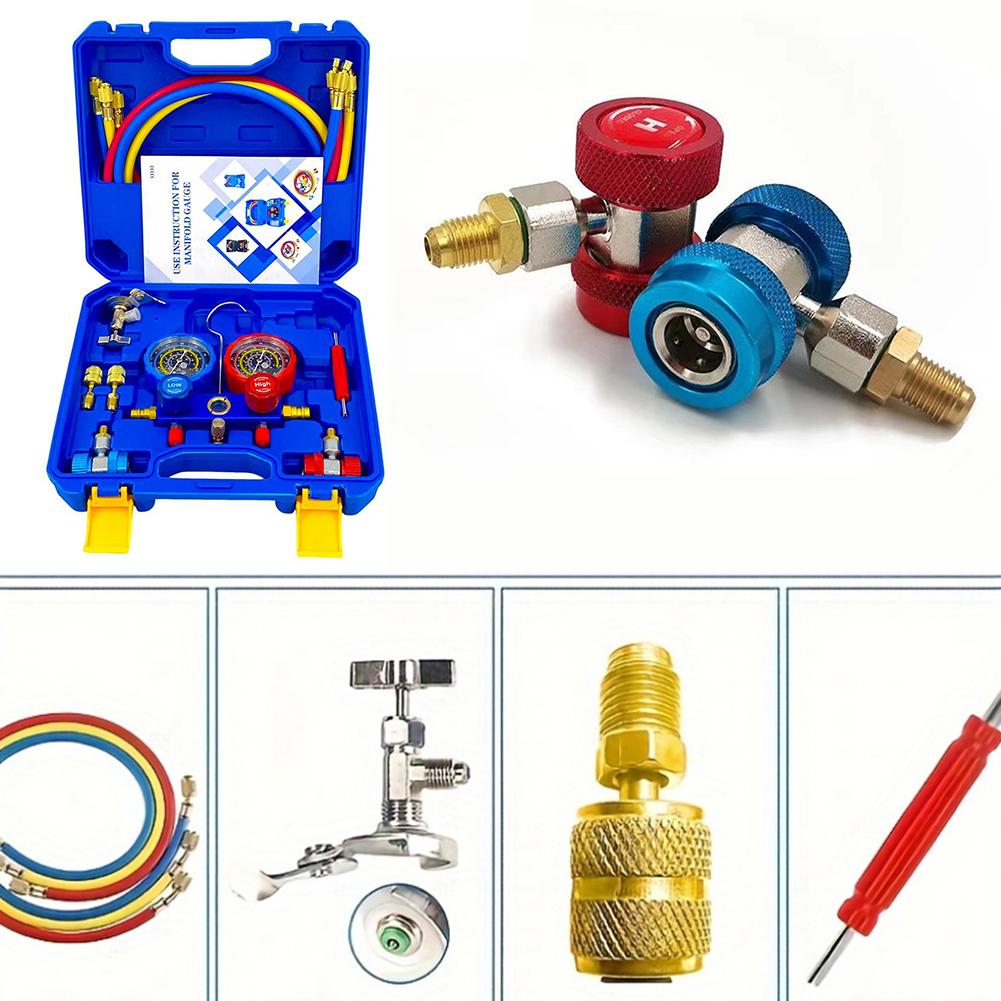 3 Way AC Manifold Gauge Set with 5FT Hoses AC Diagnostic Manifold Gauge Set for R134A/R22/R410/R404 Freon Charging Tool