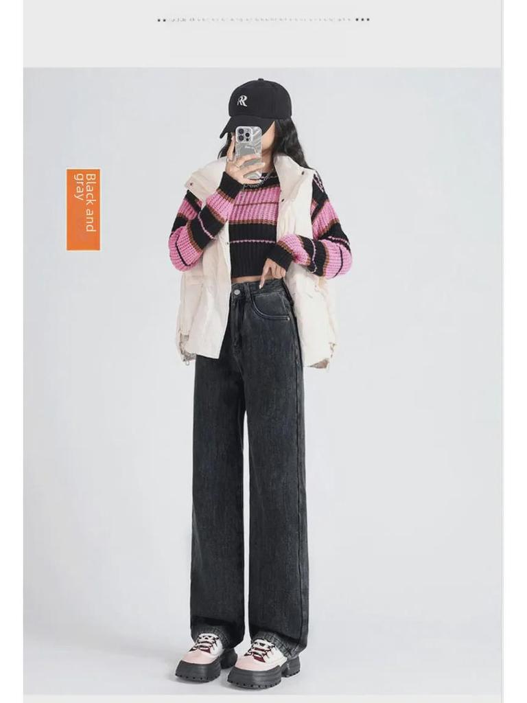 Women's Thick Wide-Leg Jeans: Pear-Shaped, Velvet-Lined, Warm & Versatile - Black & Gray.