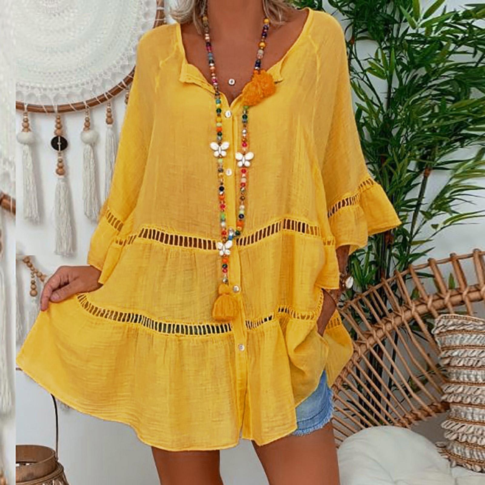 

Модная женская рубашка больших размеров с рукавами 3/4, однотонная рубашка с v-образным вырезом на пуговицах, блузка, топ XXXXXL жёлтый