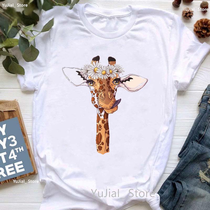 Kawaii Alpaca With Flowers And Coffee Print T Shirt Girls Summer Short Sleeve Tshirt Femme Fashion Tops Tee Shirt Female