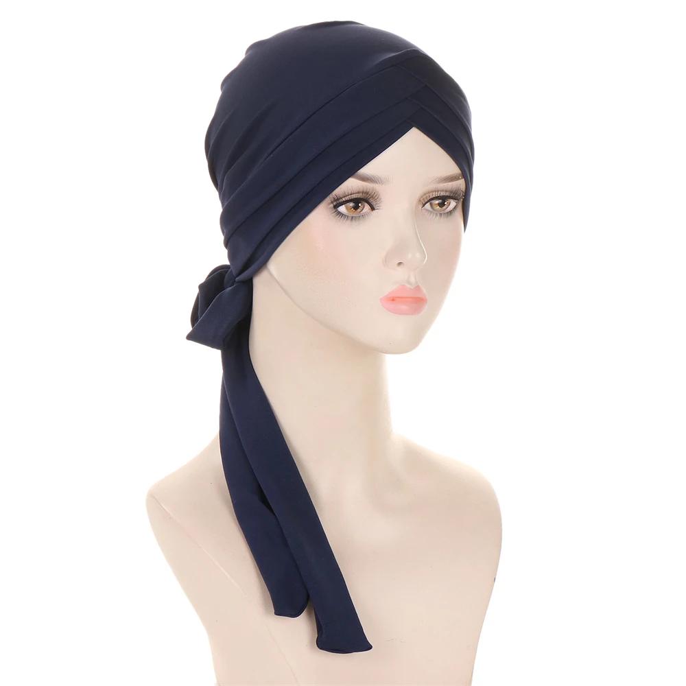 New Muslim Inner Hijab Turban Women Pre-Tied Cap Long Tail Headscarf Wrap Beanies Bonnet Head Scarf Stretch Headwear Ninja Hat