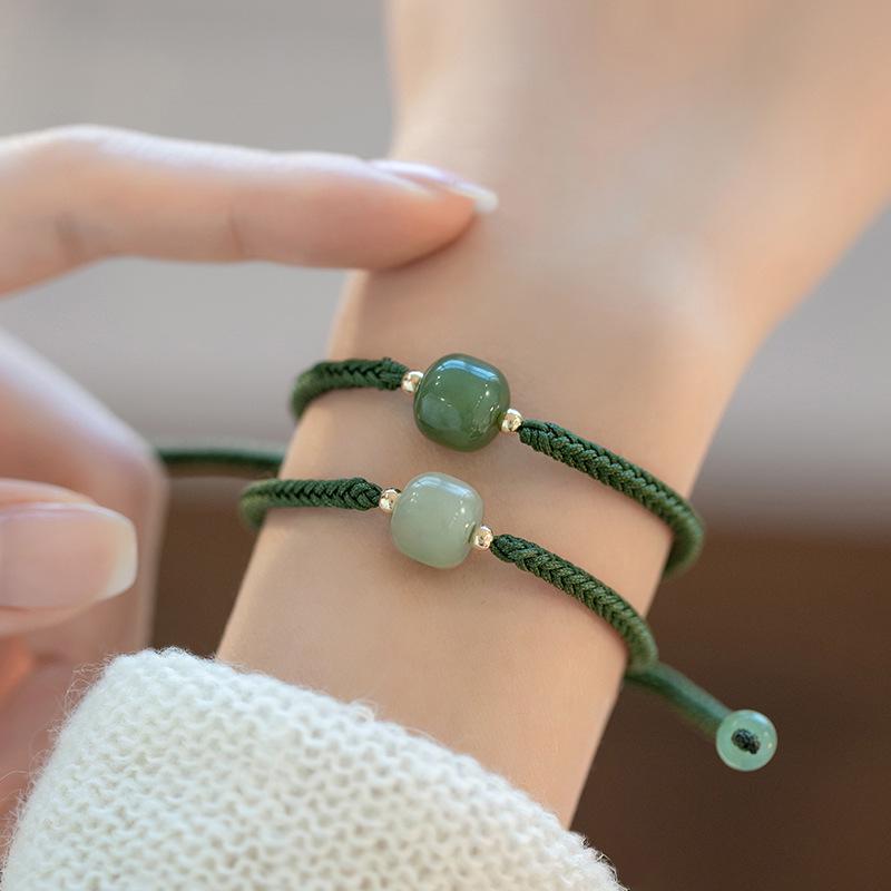 Hetian Jade Women's Bracelet - Adjustable Woven Rope with Single Bead and Peace Buckle - Light Luxury Good Luck Charm, Perfect Gift for Best Friends.