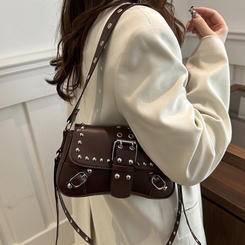 Yogodlns Trendy Motorcycle Punk Style Shoulder Bag for Women Solid Color Fashion Rivet Commuter Small Square Underarm Bag