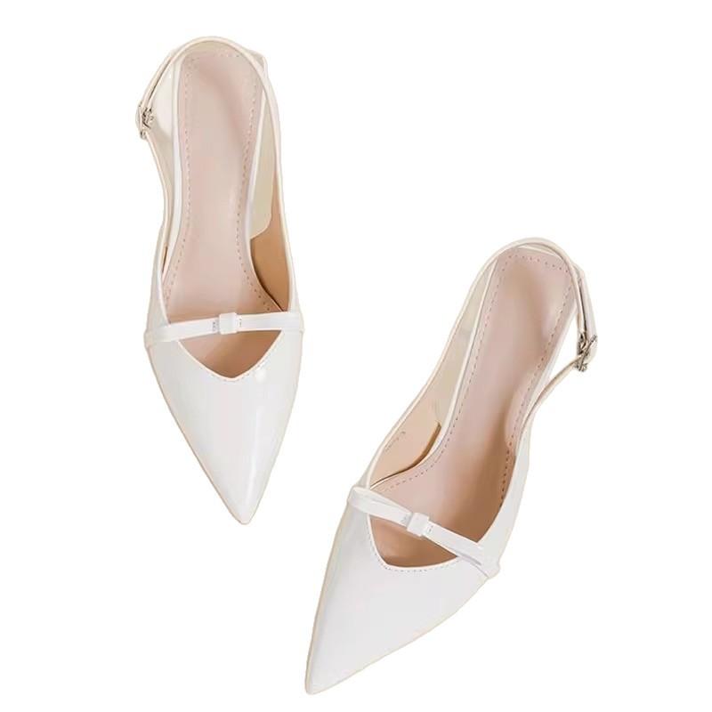French bag head sandals women's 2025 summer new white patent leather pointed head temperament thin heel wear bow shoes