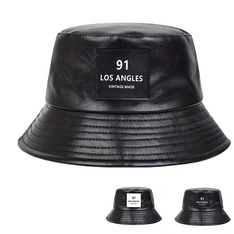 Unisex 91 Los Angeles Label Embroidery Pu Leather Bucket Hats Fishermen Caps Outdoor Casual Cap Sunscreen Hat