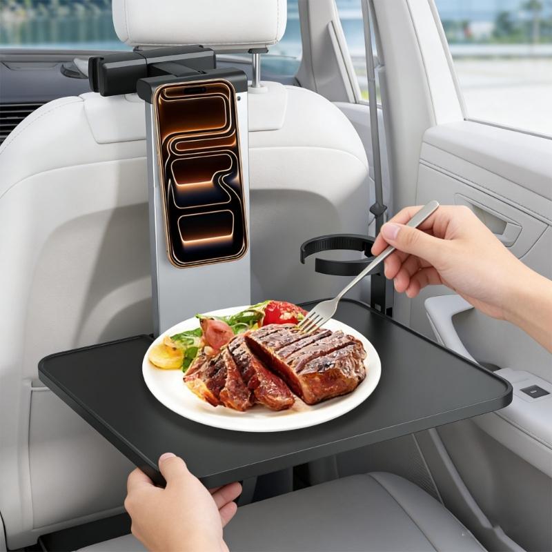 Universal Car Headrest Mounted Foldable Laptop Tray With Phone Support And Extendable Beverage Slot For Office Work