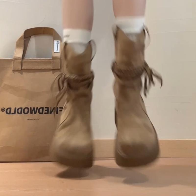 Retro Spice Girl Skinny But Knee Round Head Knight Boots Women's Autumn and Winter Fashion Versatile Medium Boots Fashion Boots Tide