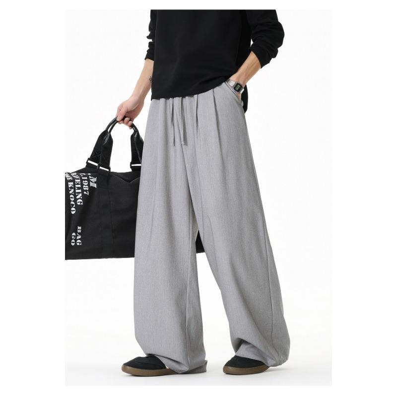 Mens Loose Draped Double Pleated Waist Straight Casual Long Trousers