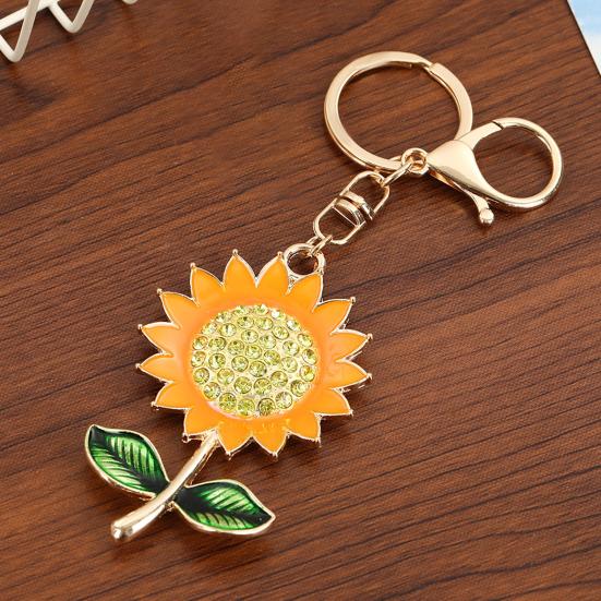 Sparkling Rhinestone Sunflower Keychain Women Girls Car Key Ring Holder Backpack Pendant Purse Bag Charm Decoration Accessories