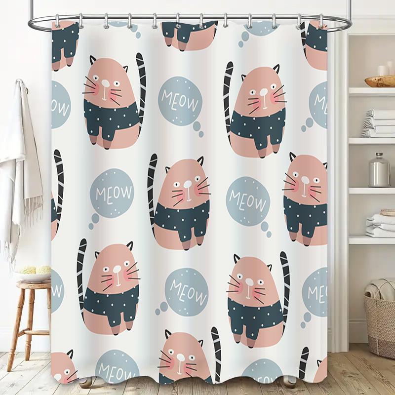 Whimsical Cat Shower Curtain Pink Black Striped Feline Print Polyester Fabric Waterproof Home Decor Item for Bathroom